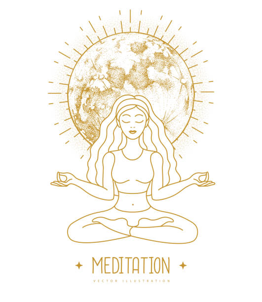istock Young Woman meditation in lotus position with full moon. Moon astrology sign. Vector illustration 1485157462
