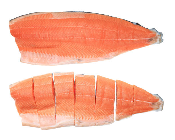 istock Raw salmon fillet isolated on white background 1485157933