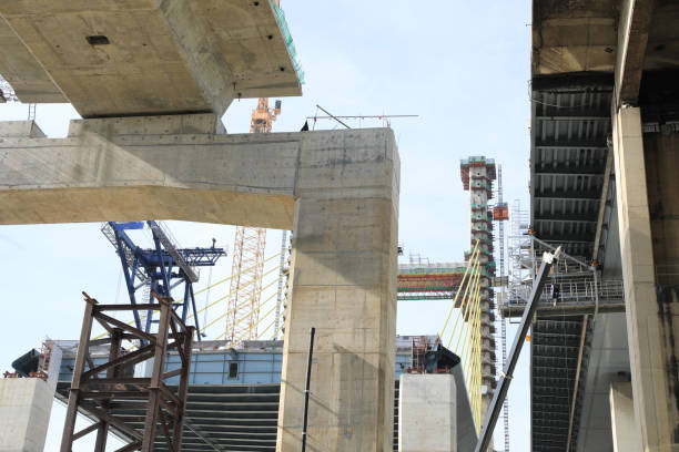 istock Large construction site. Suspension bridge execution of foundation. 1485157982