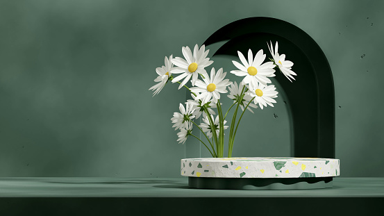 white daisy and arch wall, 3d render blank mockup green terrazzo podium in landscape