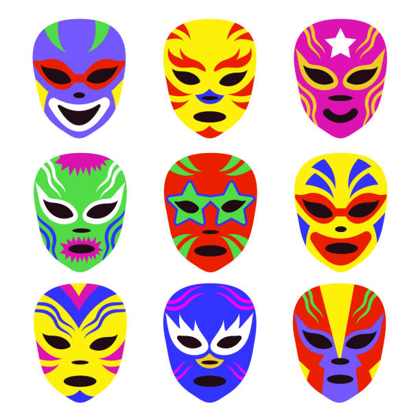 Various Lucha libre masks Various Lucha libre masks. Luchador colorful head set. Traditional Mexican wrestling masks. Hand drawn modern Vector illustration. Cartoon style wrestlers uniform stock illustrations