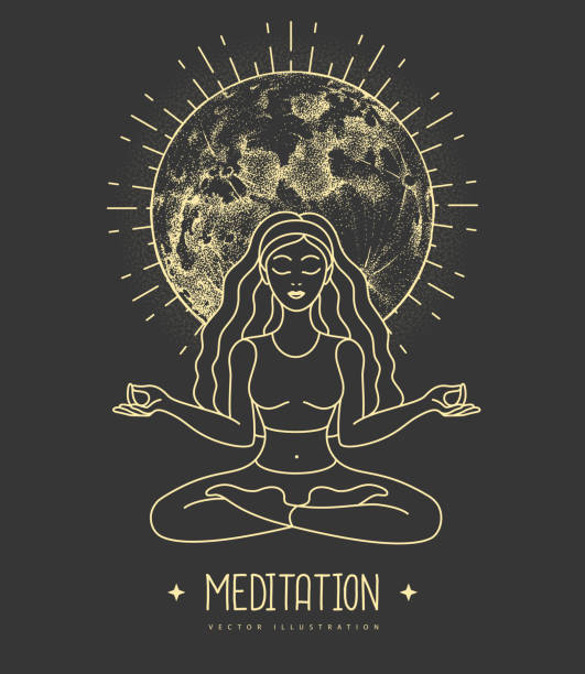 istock Young Woman meditation in lotus position with full moon. Moon astrology sign. Vector illustration 1485160401