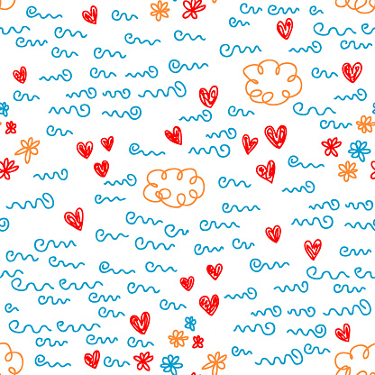 Hand drawn doodle seamless pattern with squiggle lines and hearts. Perfect print for tee, textile, paper and fabric. Childish vector illustration for decor and design.