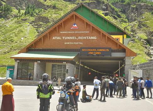 Rohtang, Manali, Himachal Pradesh, India - July 25 2022: Tourist visiting in Atal tunnel (Rohtang tunnel) in the summer. The world's highest highway single-tube tunnel above 10,000 feet.