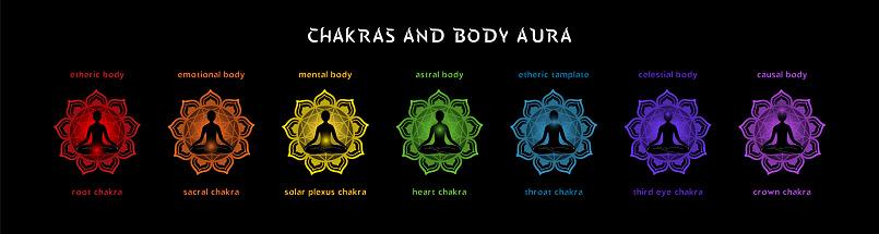 Seven different rainbow colored aura layers and chakras. Auric bodies vector illustration on black background.