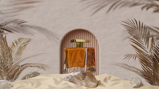 3d rendering premium gold luxury perfume on the rock in the sand with palm plant and backdrop.Beauty and cosmetic podium for product package conceptual.