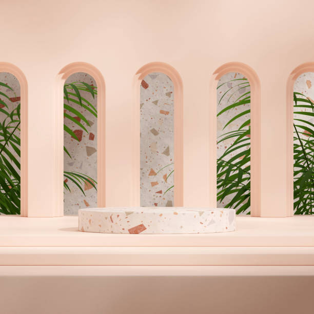 istock arch doorway and aracea palm, 3d render image template mockup red terrazzo podium in square 1485161817