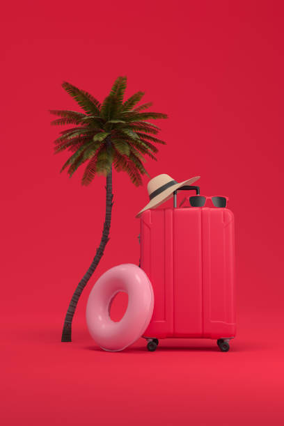 istock Palm tree, pink float, hat, sun glasses and red Suitcase on on red background. Exotic Vacation concept on the beach. 3d rendering. 1485163449