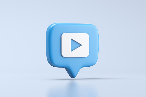 Play video icon , speech bubble, video, broadcasting concept. 3d illustration