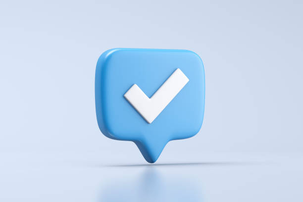burbuja de voz con icono de marca de verificación - artificial true exam blue fotografías e imágenes de stock