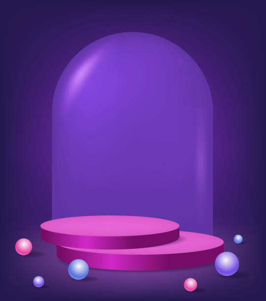istock Abstract room with purple pedestal podium, arch shape and balls 1485165058