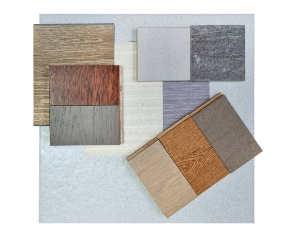 istock composition of interior material samples consists palette of wooden engineering flooring tiles, ceramic stone tiles, vinyl tile, wallpaper, grainy stone isolated on background with clipping path. 1485166035