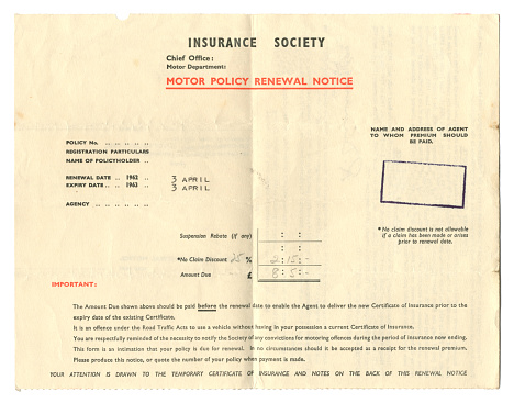 An old British motor insurance society policy renewal notice, dated 1962, expiry 3rd April 1963. All identifying details have been removal for you to add your own.