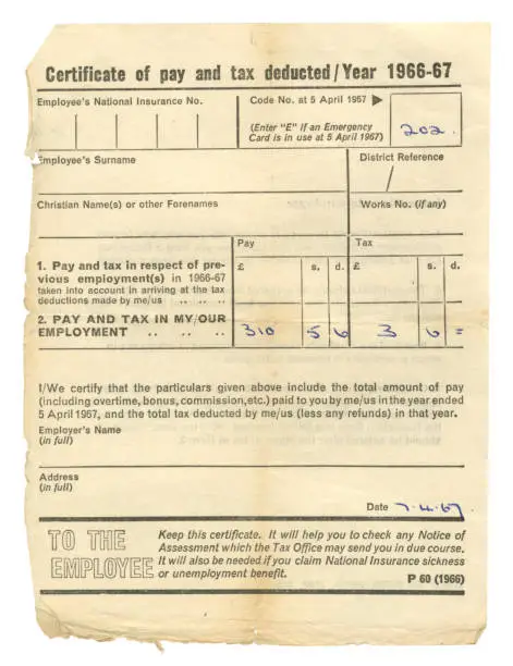 An old P60, a British certificate of pay and tax deducted for the year 1966-1967, with all identifying details removed. This person earned £310.5s.6d and paid tax of £3.6s.0d during the year.