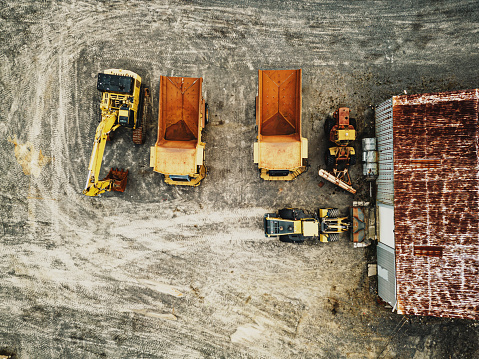 Aerial view of disused quarry equipment.