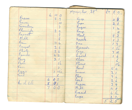 Two pages from a notebook containing a record of a British household’s domestic weekly expenditure, 1950s. Please note that ‘fags’ is a British slang term for cigarettes.