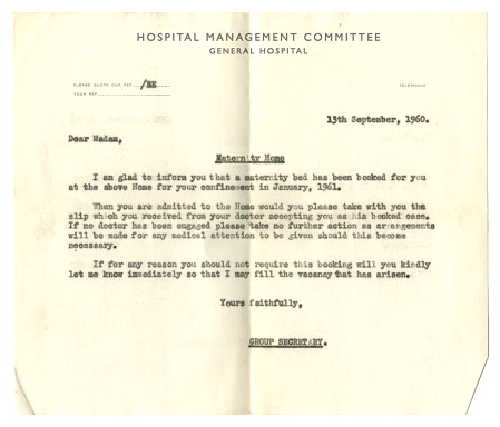 A letter from a maternity hospital informing a pregnant woman that a bed has been booked for her impending confinement in January 1961. The letter is dated 13th September 1960 and all identifying details have been removed. (Please also see Stock photo ID:1474388259 in my portfolio.)