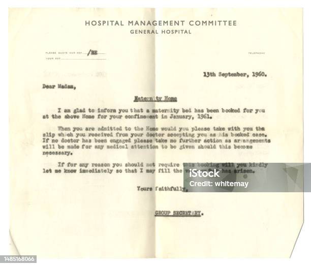 Maternity Home Bed Booking January 1961 Stock Photo - Download Image Now - 1960-1969, Document, Paperwork