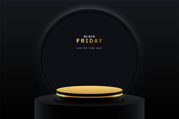 istock Luxury gold black 3d cylinder podium pedestal in dark studio room with round circle shape background. black Friday concept. promotion day. stage for product presentation.3d vector rendering 1485168467