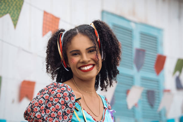 Festa Junina: party in Brazil, happy brazilian woman square dancing at brazilian event in traditional clothes Festa Junina: party in Brazil, happy brazilian woman square dancing at brazilian event in traditional clothes 21 24 months stock pictures, royalty-free photos & images