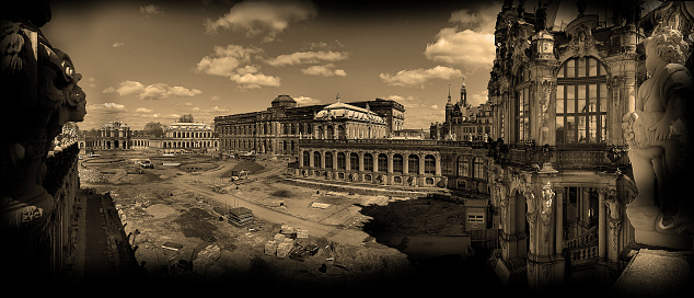 sepia toned panoramic view of Old Town, Dresden, an area that was heavily bombed in WWII and is still being restored, Dresden, Germany