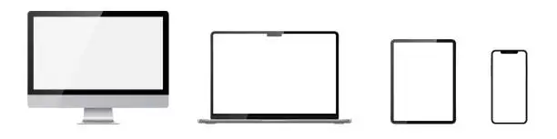 Vector illustration of Realistic Set of monitor, laptop, tablet, phone on transparent background.