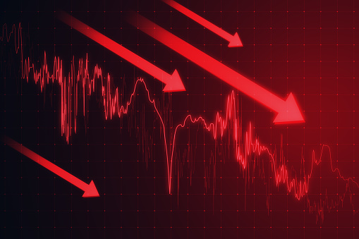 Downward red business chart with arrows on blurry background. Crisis, recession and financial failure concept. 3D Rendering