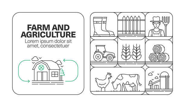 ферма и сельское хозяйство баннер линия дизайн набор иконки - farm vegetable black landscape stock illustrations