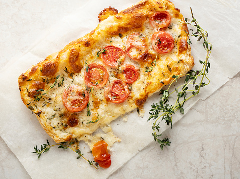 Puff Pastry, Tomato, Appetizer, Backgrounds, Cheese, Thyme, Food and drink, Food, Pizza, Savory Pie, Cherry Tomato,Tart, Pastry Dough, Breakfast, Baked, Pita bread, Tomato Quiche, Bread