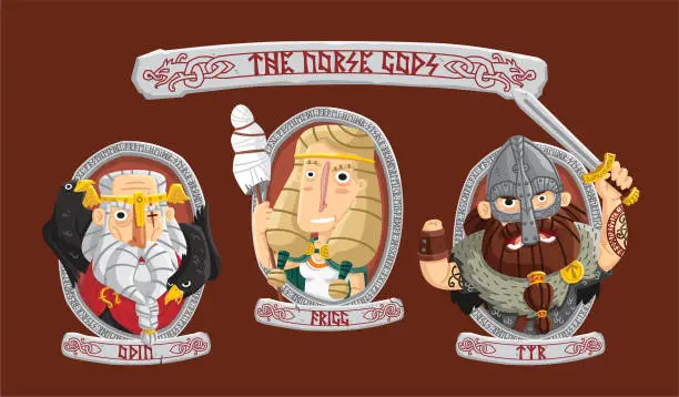 Vector illustration of The Norse Gods: Odin, Frigg and Tyr
