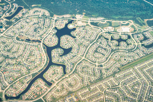 Aerial view of a suburb near Houston Texas USA.