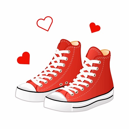 Vector illustration of red high sneakers in cartoon style. Sneakers and hearts icon.