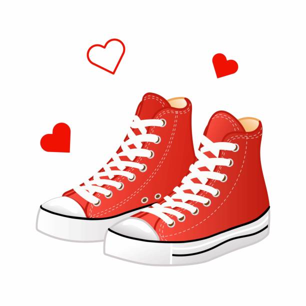 Vector illustration of red high sneakers in cartoon style. Sneakers and hearts icon Vector illustration of red high sneakers in cartoon style. Sneakers and hearts icon. running shoes white background stock illustrations