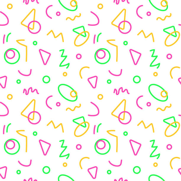 Seamless pattern squiggle scribble in 90s style. Fun colorful line doodle for children Seamless pattern squiggle scribble in 90s style. Fun colorful line doodle for children. Creative abstract design with basic shapes. Great for textile, fabric, wallpaper, wrapping, background, paper 21st century style stock illustrations