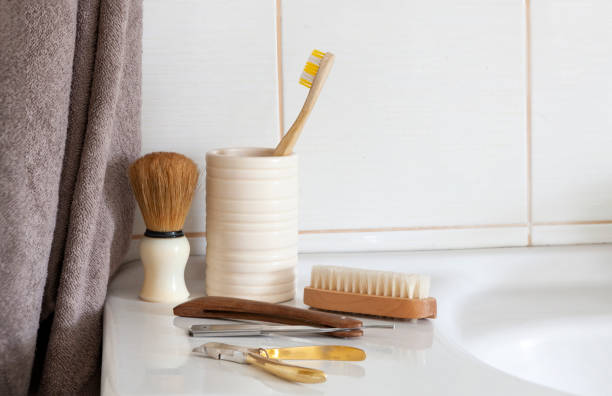 istock Male self-care accessories on the Blurred bathroom background 1485180052