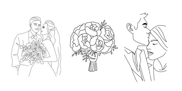 Vector illustration of Newlyweds. One line, black, newlyweds in love. Vector illustration.