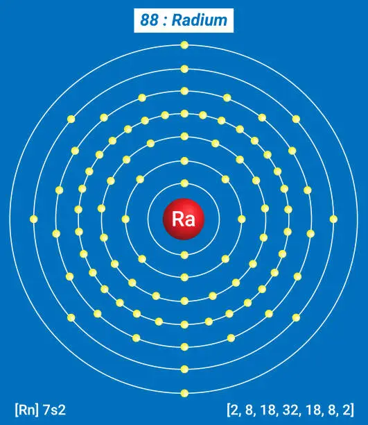 Vector illustration of Ra Radium Element Information - Facts, Properties, Trends, Uses and comparison Periodic Table of the Elements, Shell Structure of Radium - Electrons per energy level