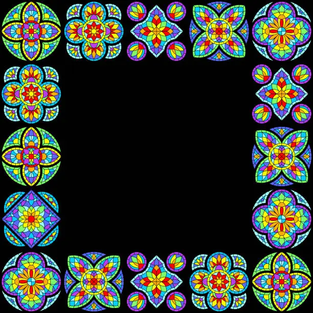 Vector illustration of Frame with stained-glass window in gothic style. Medieval mosaic tile texture.