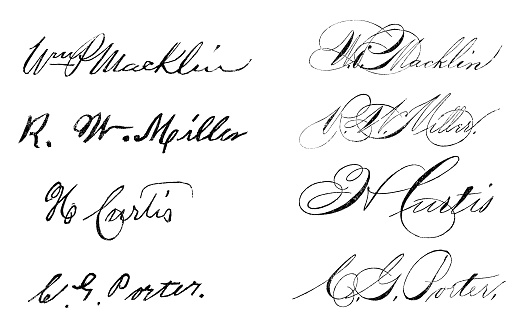 Various examples of people’s signatures, before and after improving their penmanship. Vintage etching circa 19th century.
