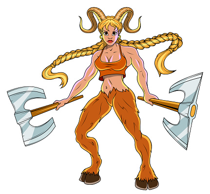 Satyr girl with huge horns. Vector illustration of a taurus woman with labrys