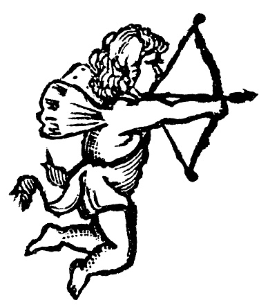 Victorian style Cupid cherub aiming his bow and arrow. Vintage etching circa 19th century.