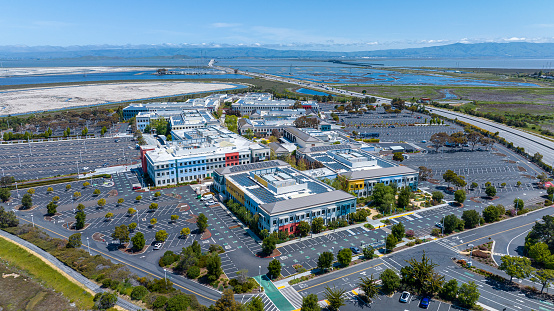 Menlo Park, California United States - April 23, 2023: Aerial view of Meta (formerly Facebook) headquarters in Menlo Park California. The social media company was started in 2004 by Mark Zuckerberg.