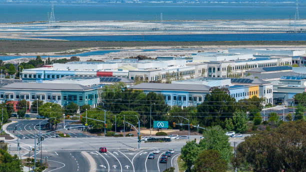 Menlo Park, California United States - April 23, 2023: Aerial view of Meta (formerly Facebook) headquarters in Menlo Park California. The social media company was started in 2004 by Mark Zuckerberg.