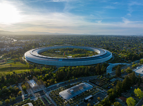 Sunnyvale, California, USA - April 23, 2023: Aerial view of Apple Park, the headquarters of Apple, Inc. in Silicon Valley.