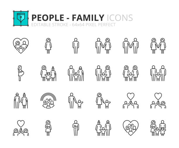 bildbanksillustrationer, clip art samt tecknat material och ikoner med simple set of outline icons about people, types of family structures - enföräldersfamilj