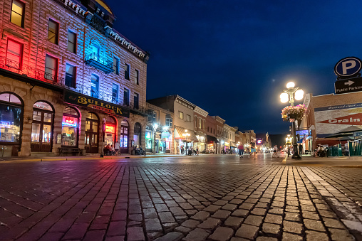 Night scene in Deadwood during the COVID pandemic. The entire city is a National Historic Landmark District, for its well-preserved Gold Rush era architecture.