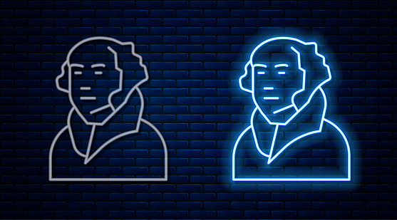Glowing neon line George Washington icon isolated on brick wall background. Vector.