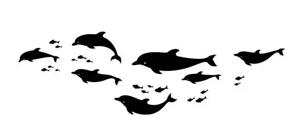 Vector illustration of School of fish and dolphins