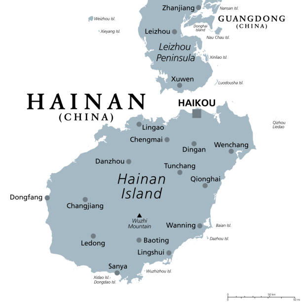 hainan, southernmost province of china, prc, gray political map - 海南島 插圖 幅插畫檔、美工圖案、�卡通及圖標