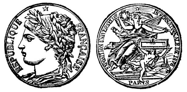 A gold medal designed by Jules-Clement Chaplain, awarded at the third Paris World’s Fair called Exposition Universelle (circa 1878). Vintage etching circa 19th century.